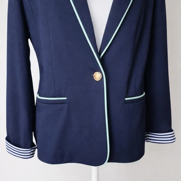 NWT Yumi Navy Blazer Mint Piping Preppy Nautical Striped Tailored Jacket US10/12 - Picture 2 of 11